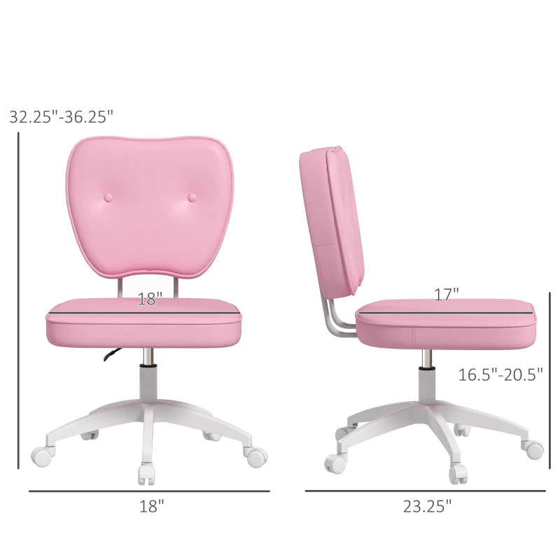 Vinsetto Vanity Office Chair, PU Leather Computer Chair for Home, with Adjustable Height, Armless, Swivel Wheels, Pink