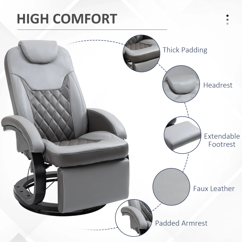 HOMCOM Faux Leather Manual Recliner, Adjustable Swivel Lounge Chair, Armchair with Footrest and Round Base for Living Room, Gray
