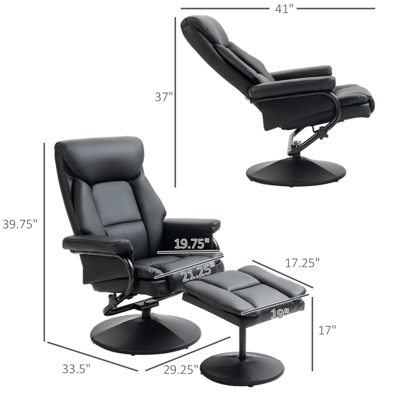 HOMCOM Recliner Chair w/ Ottoman Swivel, Faux Leather, Black