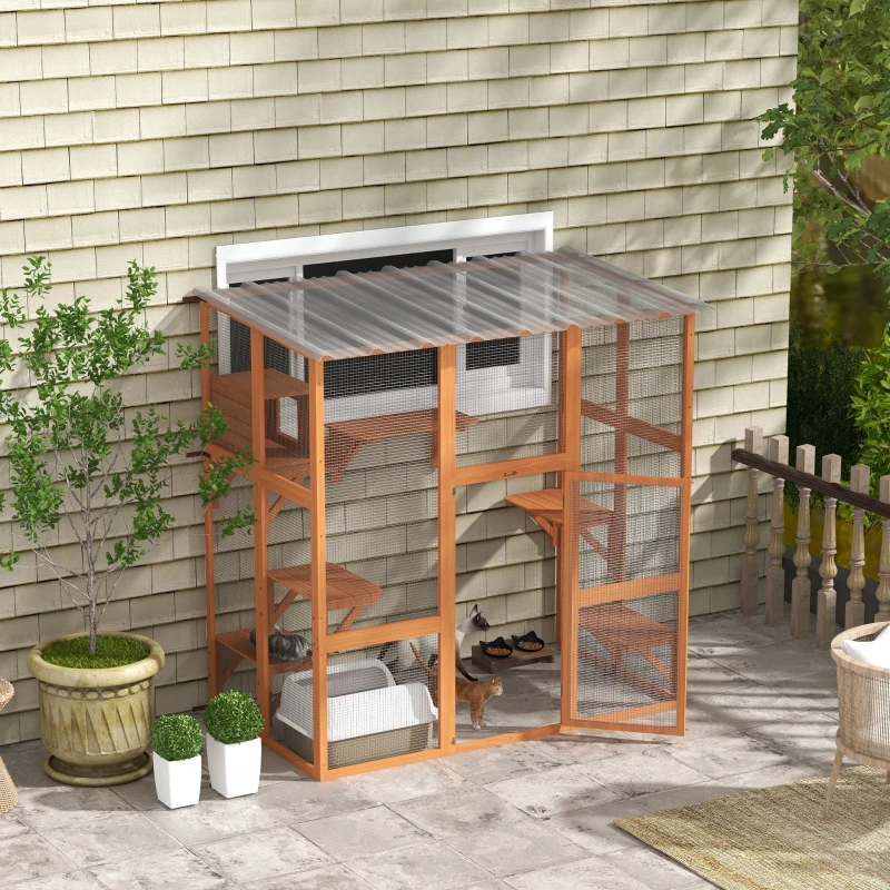 PawHut Catio Cat Window Box Outside Enclosure with Bridge Platforms