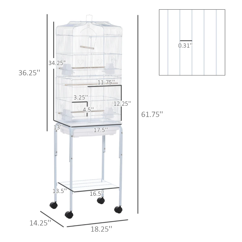 PawHut 60" Metal Indoor Bird Cage Starter Kit with Detachable Rolling Stand, Storage Basket, and Accessories, White