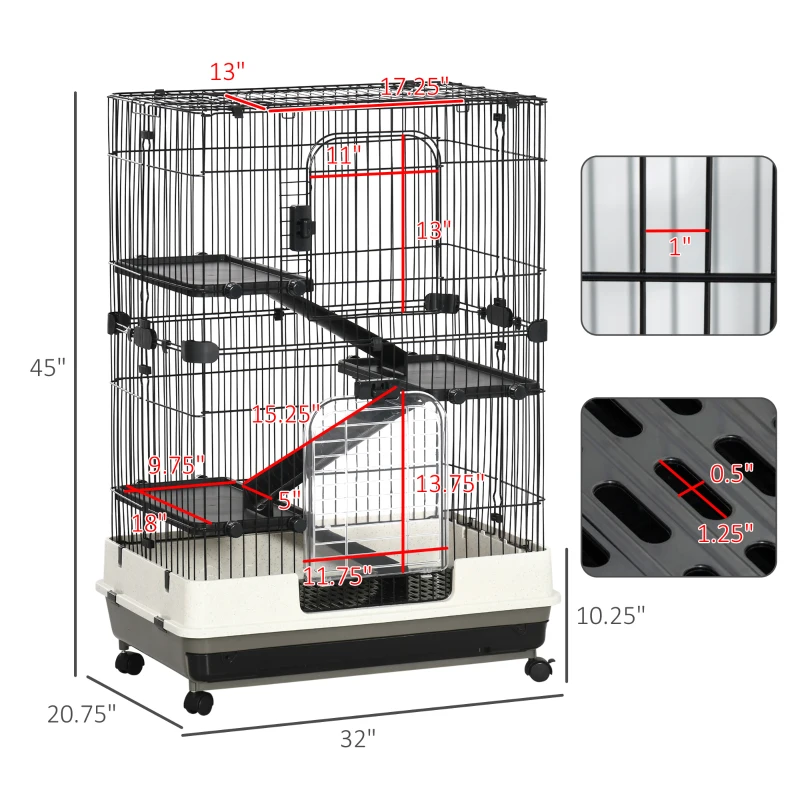PawHut 32"L 4-Level Small Animal Cage Rabbit Hutch with Universal Lockable Wheels, Slide-out Tray for Bunny, Chinchillas, Ferret, Black