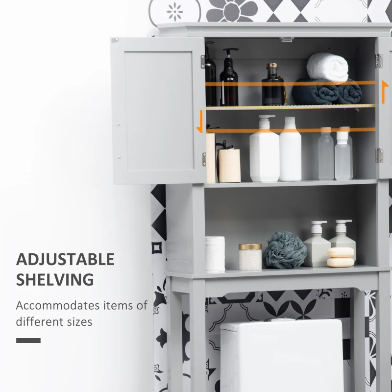 kleankin Modern Over The Toilet Storage Cabinet, Double Door Bathroom Organizer with Inner Adjustable Shelf and Open Shelf, Gray