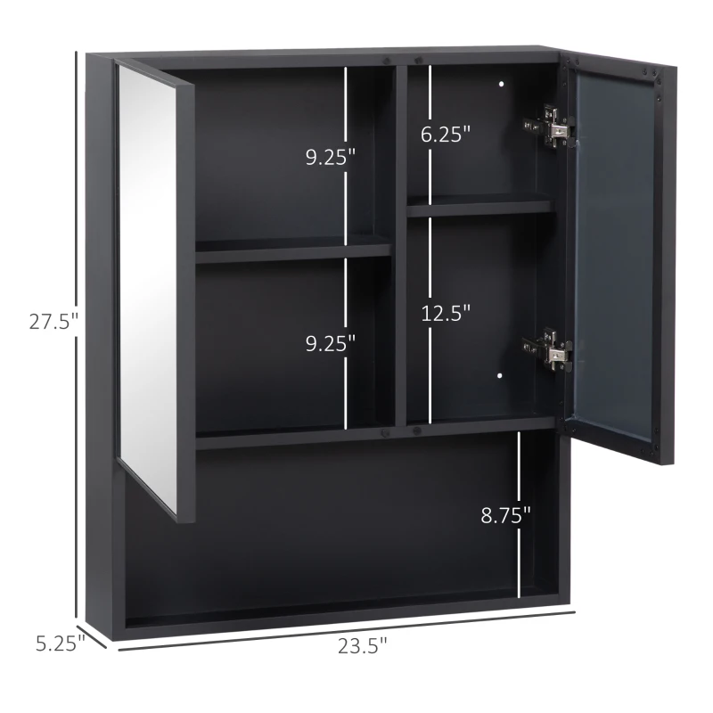 kleankin Wall-Mounted Medicine Cabinet, Bathroom Mirror Cabinet with Double Doors and Storage Shelves, Black