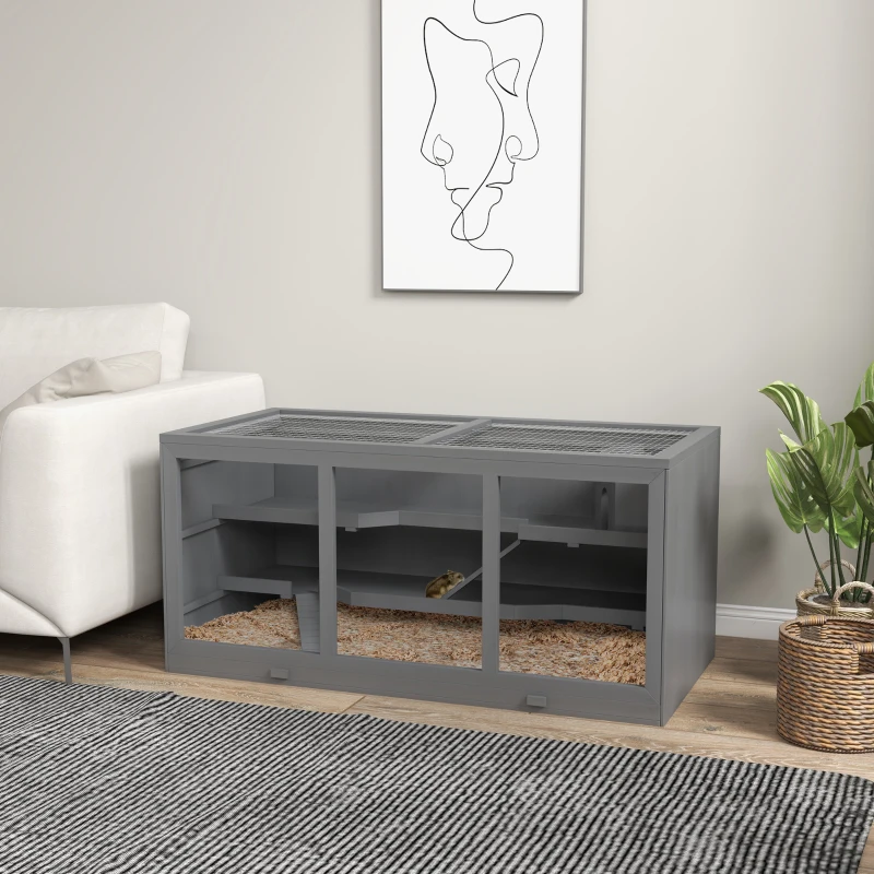 PawHut Extra Large Wooden Hamster Cage with Opening Roof, Hut, Ramps, Gray