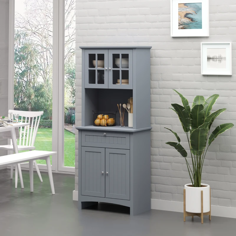 HOMCOM Elegant Buffet with Hutch, Kitchen Pantry Storage Cabinet with Framed Glass Door Drawer and Microwave Space, Gray