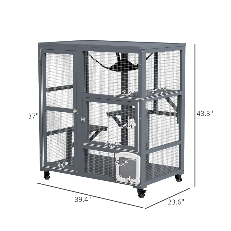 PawHut Cat House, Indoor Cat Enclosure on Wheels with Openable Top, 39"