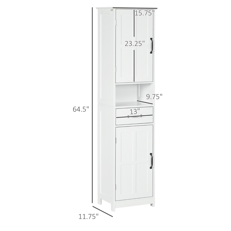 kleankin Modern Bathroom Cabinet, Narrow Storage Cabinet with Open Shelf, Drawer, Recessed Doors and Adjustable Shelves, White