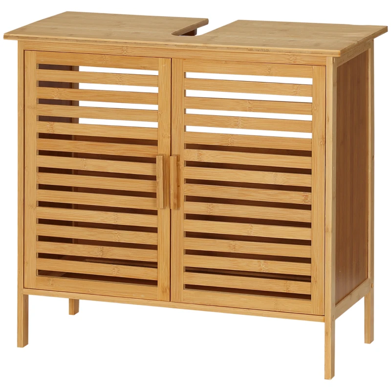kleankin Freestanding Bathroom Sink Cabinet, Bamboo Under Sink Cabinet Cupboard Organizer with 2 Slatted Doors, Natural