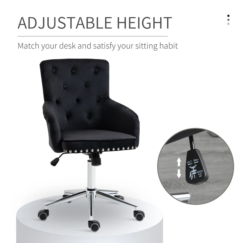 HOMCOM Modern Mid-back Desk Chair with Button Tufted Velvet Back, Nailhead Trim, Swivel Home Office Chair with Adjustable Height, Curved Padded Armrests, Black