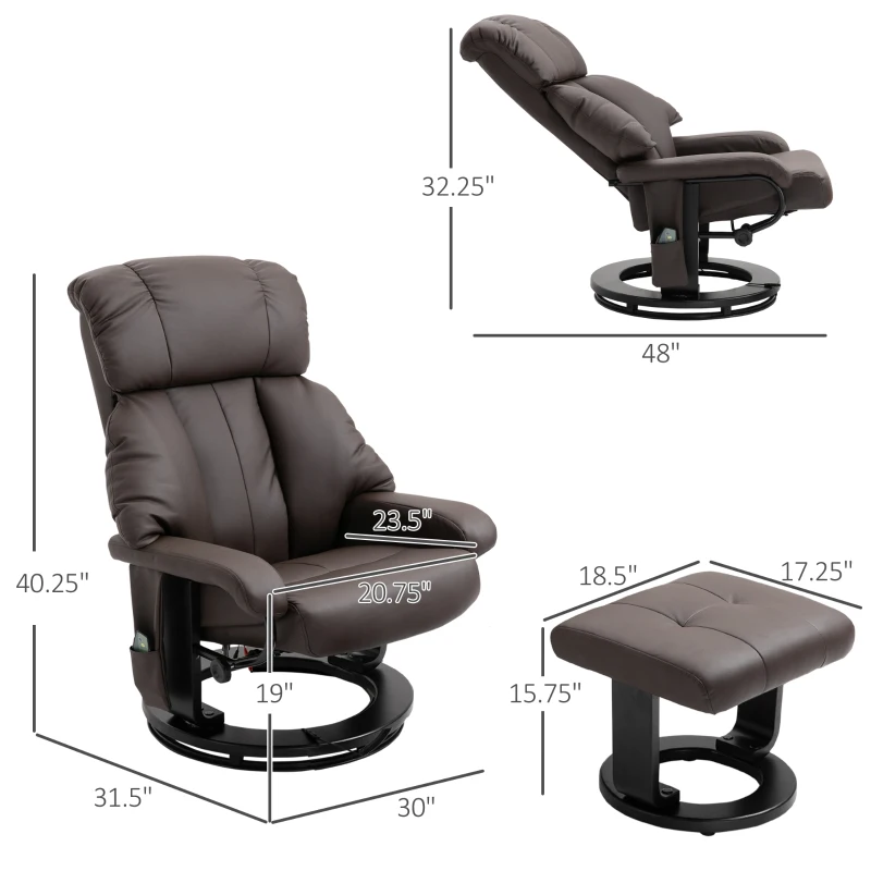 HOMCOM Recliner with Ottoman Footrest, Recliner Chair with Vibration Massage, Faux Leather and Swivel Wood Base for Living Room and Bedroom, Brown