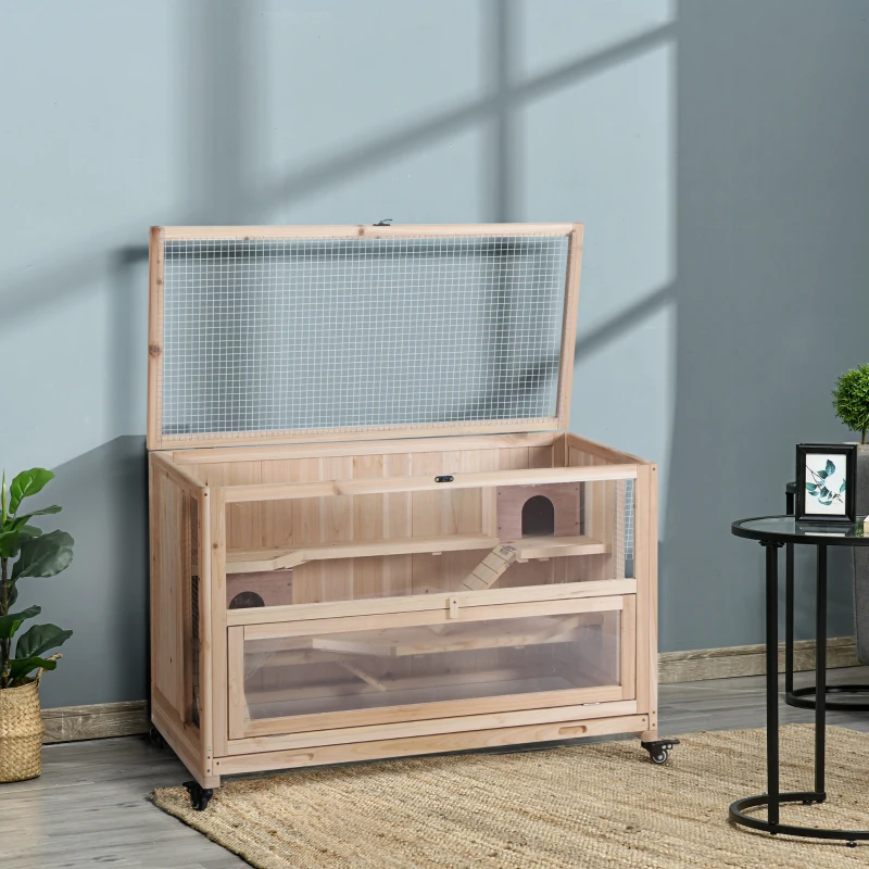 PawHut 3-Tier Wooden Hamster Cage, Small Animals Hutch with Ladders, Natural