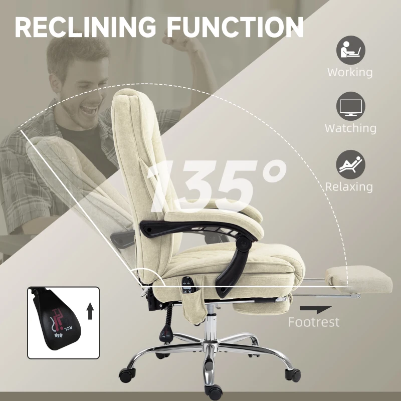 Vinsetto Massage Office Chair, Heated Reclining Computer Chair with Adjustable Height and Footrest, Beige
