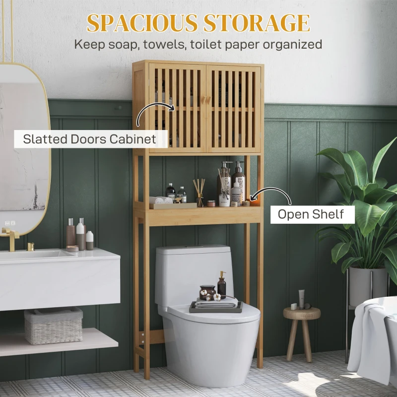 HOMCOM Over the Toilet Cabinet, Bamboo Bathroom Above Toilet Storage with Slatted Doors and Adjustable Shelf, Natural