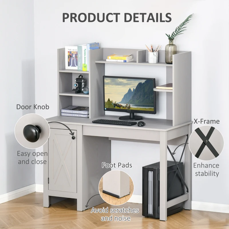 HOMCOM Computer Desk W/ Hutch, Home Office Desk W/ Storage Cabinet, Light Grey