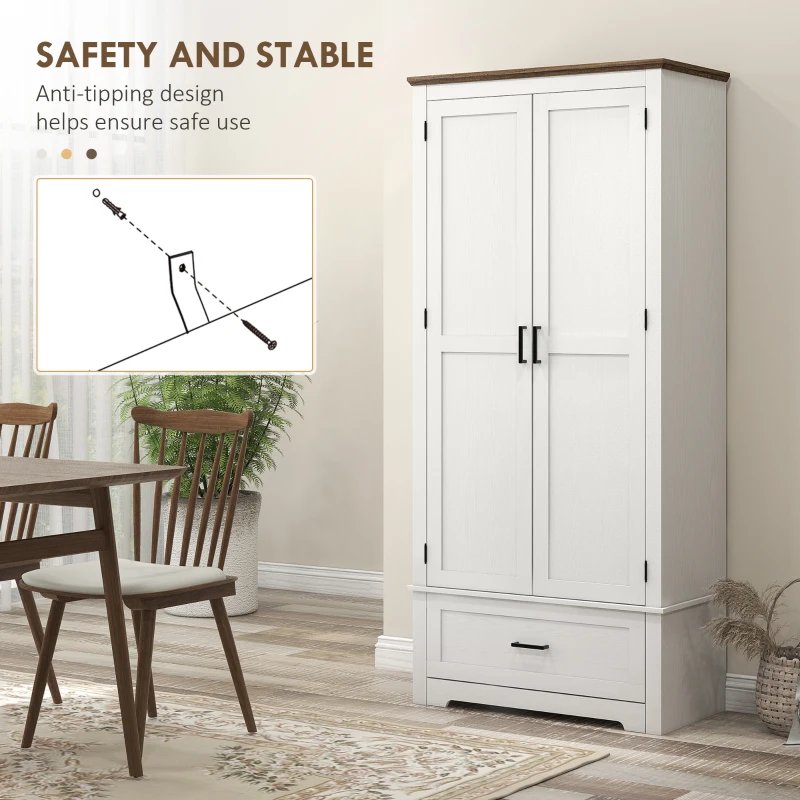 HOMCOM 69" Tall Farmhouse Kitchen Pantry Cabinet with 2 Doors, Drawer and Adjustable Shelves for Dining Room, White