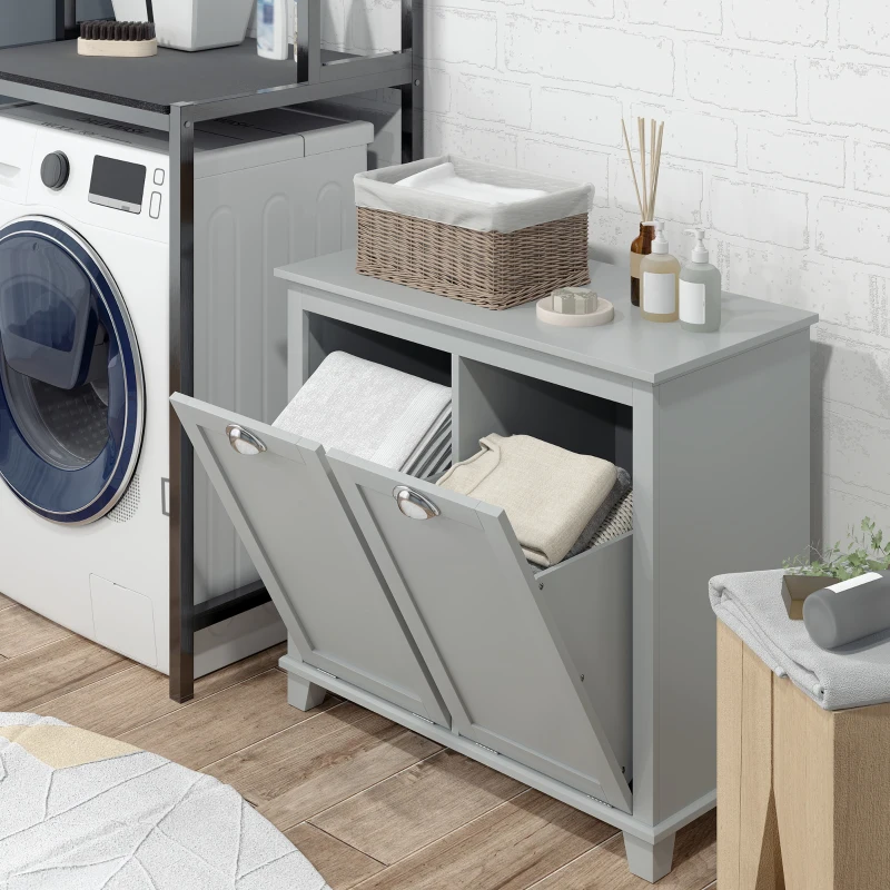 HOMCOM Dual Tilt out Laundry Hamper Cabinet, Bathroom Storage Cabinet with 2-Compartment Hamper, Modern Bathroom Floor Cabinet for Washroom, Gray