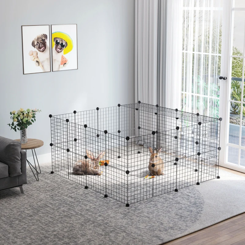 PawHut 36 Panels Small Animal Playpen with Door, DIY C & C Cage for Guinea Pigs with Ramp, Portable Metal Wire Yard for Rabbit, Hedgehogs, 14 x 14 in