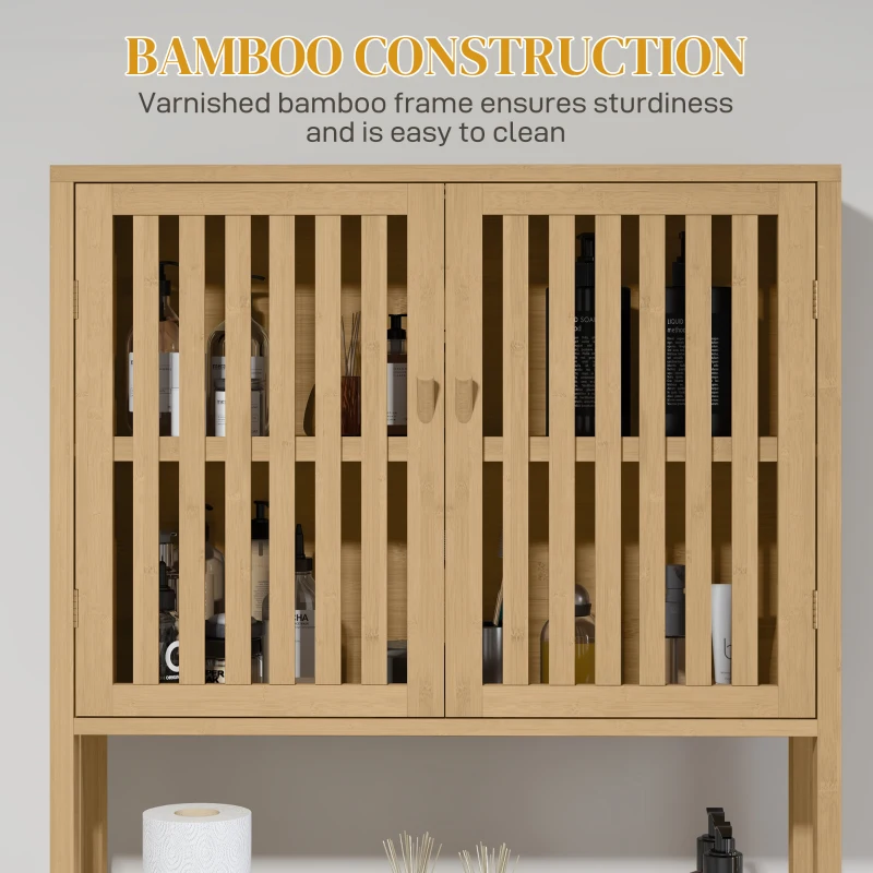 HOMCOM Over the Toilet Cabinet, Bamboo Bathroom Above Toilet Storage with Slatted Doors and Adjustable Shelf, Natural