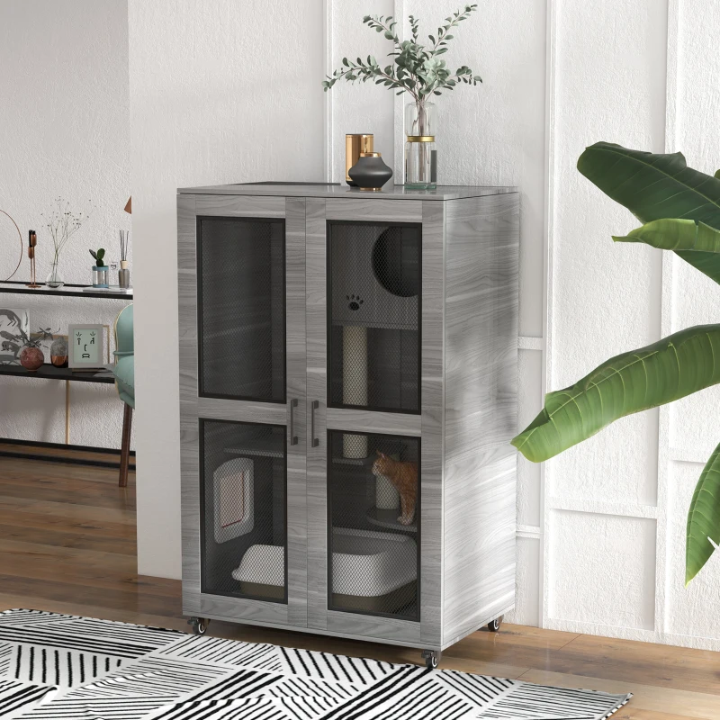 PawHut Cat Tree House with Scratching Post and Wheels, Gray