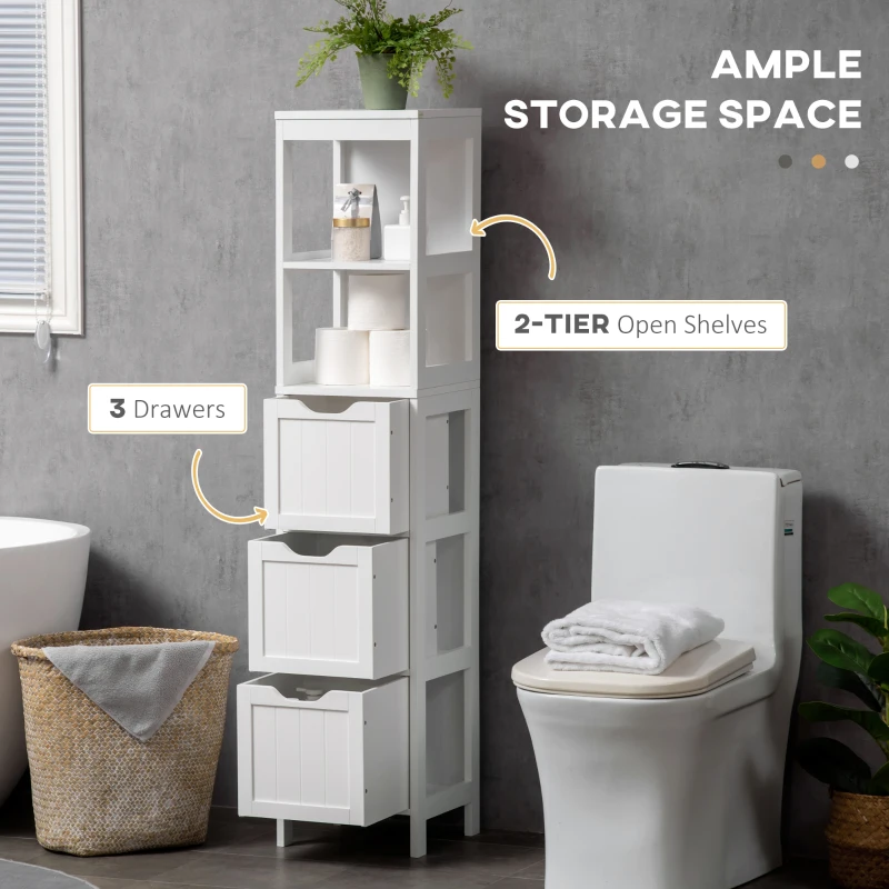 kleankin Tall Bathroom Cabinet, Slim Bathroom Storage Cabinet, Narrow Floor Cabinet with 3 Drawers and 2 Open Shelves, Freestanding Linen Tower for Small Space, 12" x 12" x 56", White