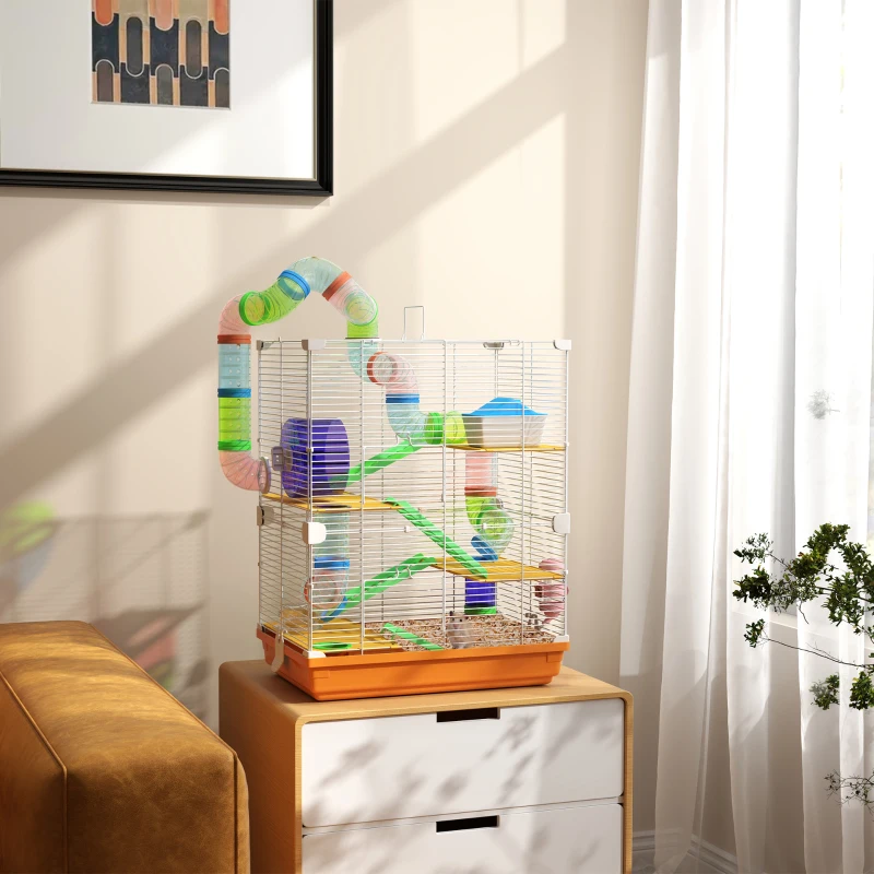 PawHut 5 Tiers Hamster Cage Portable Animal Travel Carrier w/ Exercise Wheels Tube, Orange