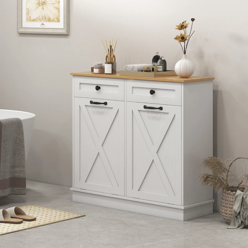 HOMCOM Tilt Out Laundry Hamper Cabinet, Bathroom Storage Cabinet with 2 Removable Baskets and 2 Drawers, White