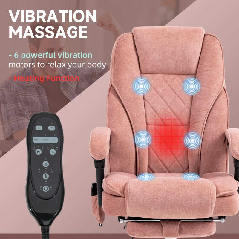 Vinsetto Massage Office Chair, Heated Reclining Computer Chair with Adjustable Height and Footrest, Pink