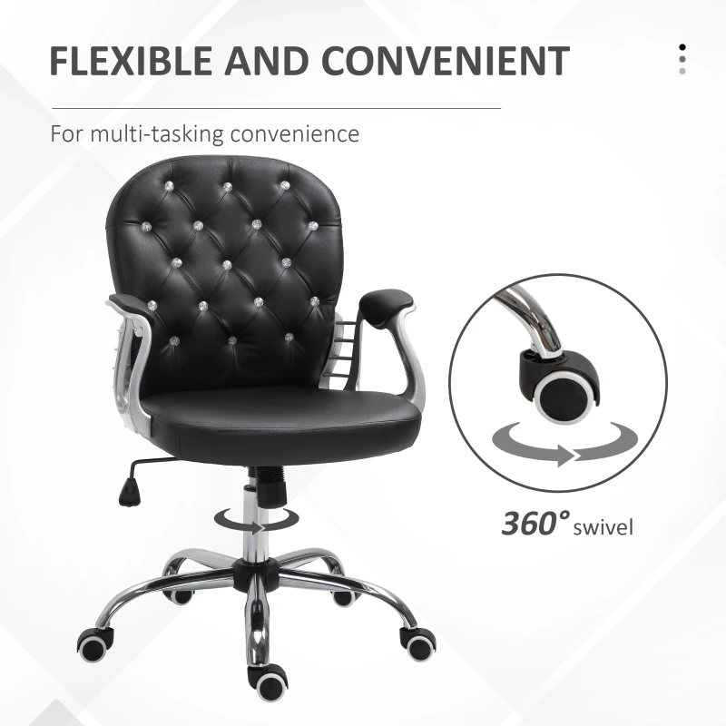Vinsetto PU Leather Home Office Chair, Button Tufted Desk Chair with Padded Armrests, Adjustable Height and Swivel Wheels, Black
