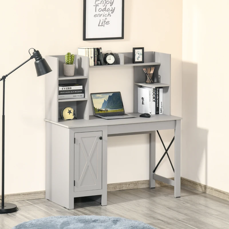 HOMCOM Computer Desk W/ Hutch, Home Office Desk W/ Storage Cabinet, Light Grey
