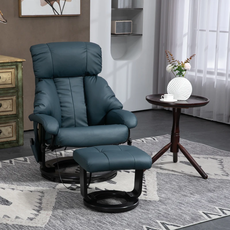 HOMCOM Swivel Recliner with Ottoman, Faux Leather Reclining Chair with Massage, Footstool Remote and Side Pocket, Blue