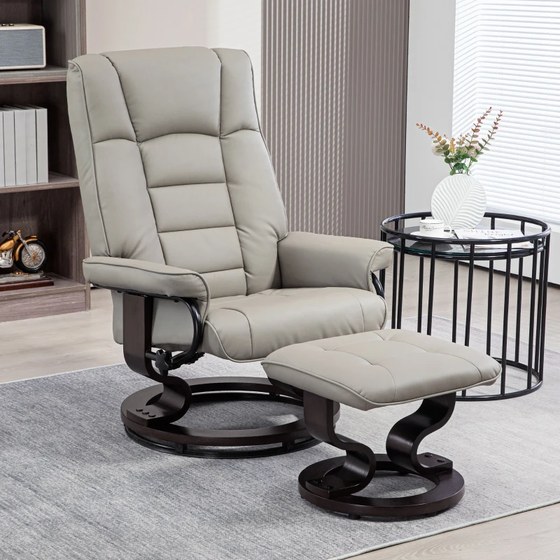 HOMCOM Faux Leather Recliner with Ottoman, Swivel Recliner Chair and Ottoman with High Back and Wood Base, Gray