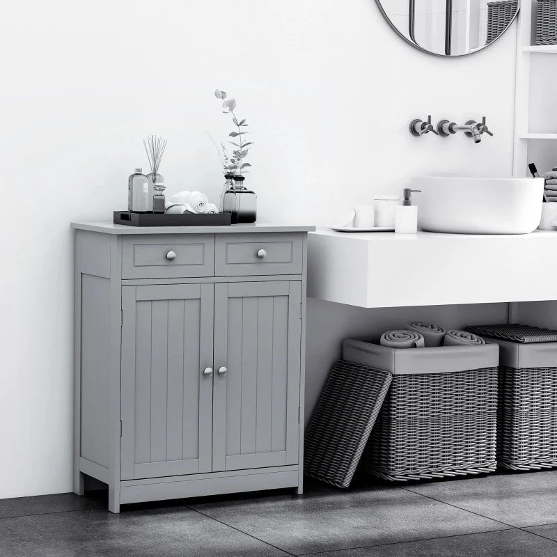 Kleankin Freestanding Bathroom Floor Cabinet, Wooden Bathroom Cabinet with 2 Doors, 2 Drawers and Adjustable Shelf, Gray