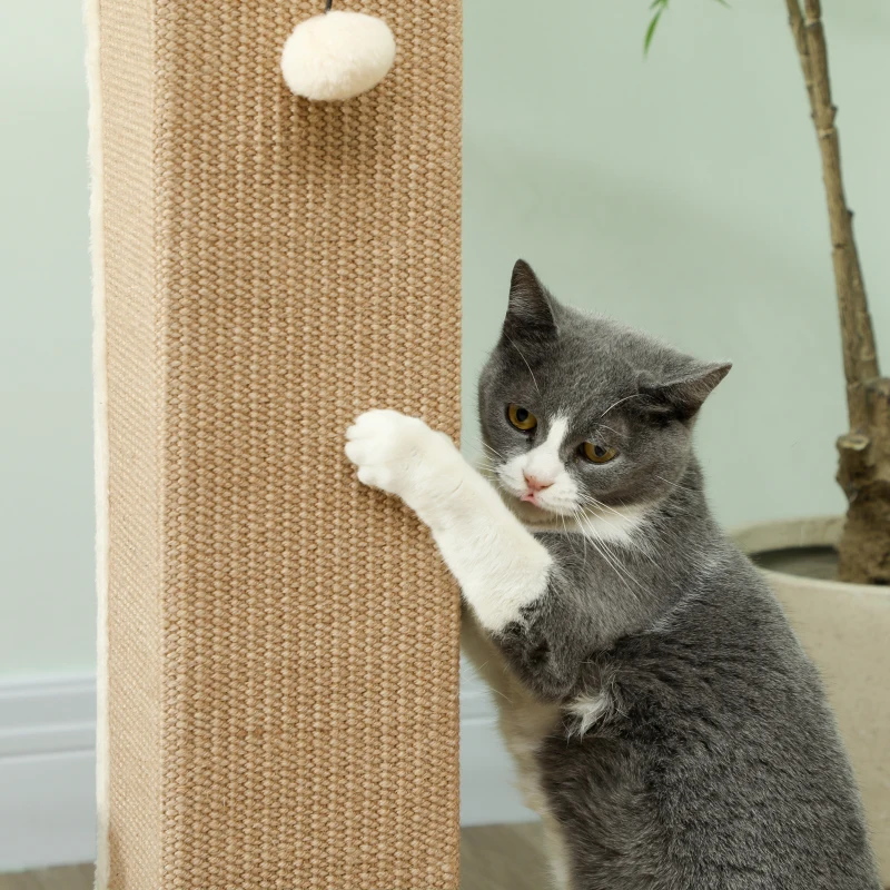 PawHut 32" Tall Cat Scratching Post for Indoor Cats and Kittens, Sisal Cat Scratcher with Hanging Ball Soft Plush, Beige