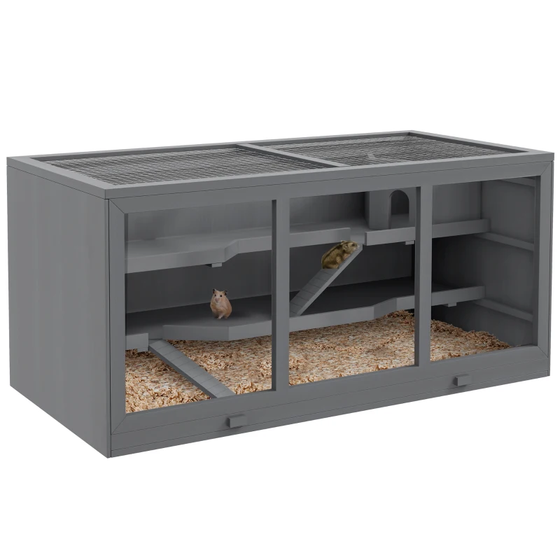 PawHut Extra Large Wooden Hamster Cage with Opening Roof, Hut, Ramps, Gray