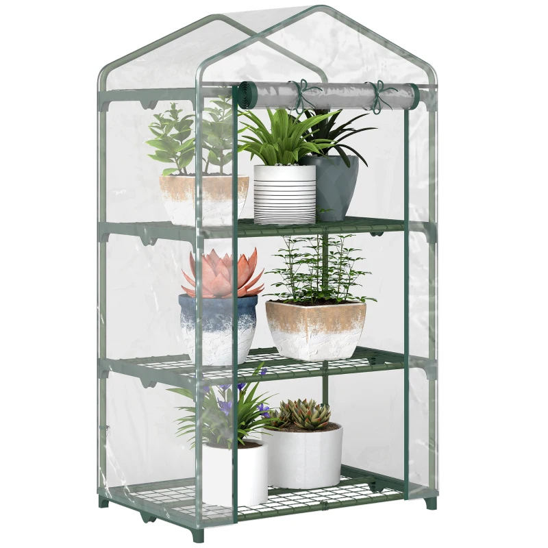 Outsunny 3 Tier Mini Greenhouse, Portable Outdoor Flower Stand with Shelf Clips, Indoor Greenhouse with Plastic Cover and Steel Frame, Transparent, 27" x 19" x 49"