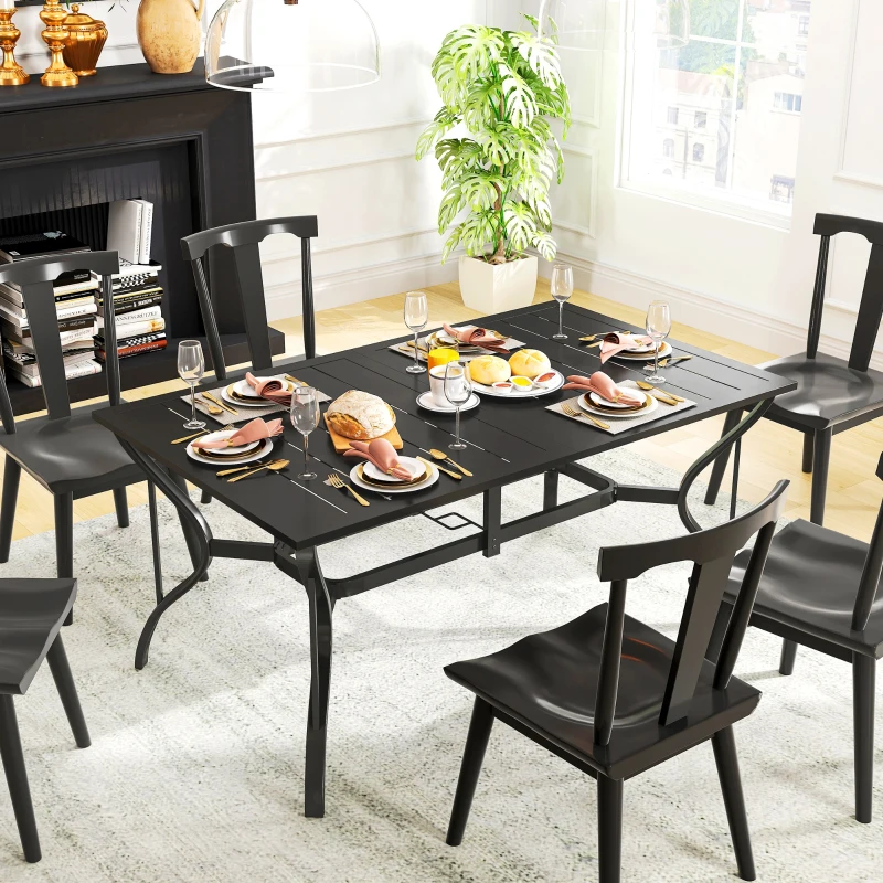 Outsunny Rectangle Patio Dining Table with Umbrella Hole, Outdoor Dining Table for 6 with Steel Frame for Garden, Balcony, Black