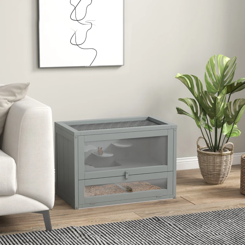 PawHut 2-Level Hamster Cage with Openable Top, Door, Shelf, Ladder, Gray