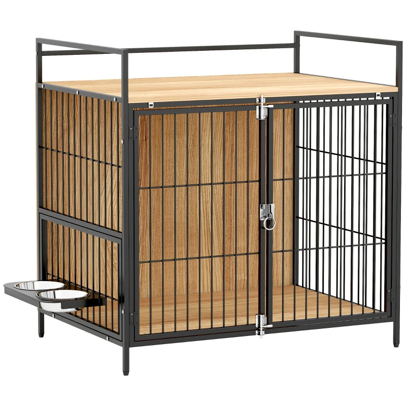 PawHut 30 Inch Dog Crate Furniture, Indoor Pet Kennel Side Table with Rotatable Bowls, 2 Anti-Escape Doors, for M Dogs, Oak