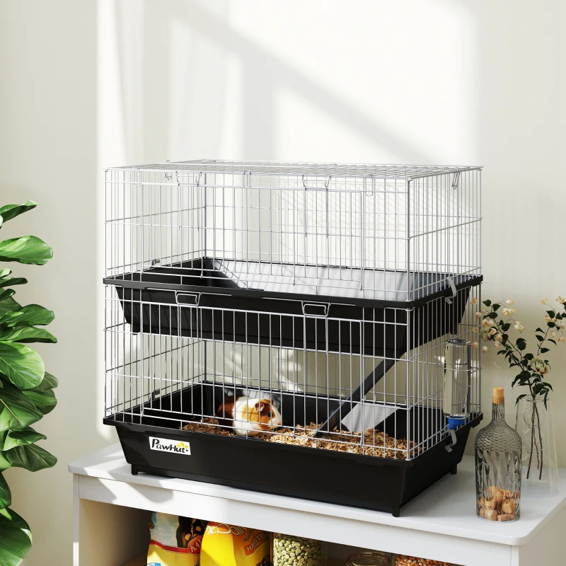 PawHut 2-Tier Small Animal Cage with 2 Doors, Trays, Dish, Bottle, and Ramp for Bunny, Ferret, Chinchilla, Black