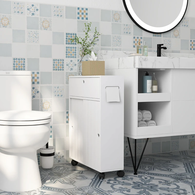 kleankin Toilet Paper Cabinet, Slim Bathroom Cabinet with 4 Rolling Wheels, Small Bathroom Storage Cabinet with Paper Holes, Sliding Doors and Adjustable Shelf for Small Space, White