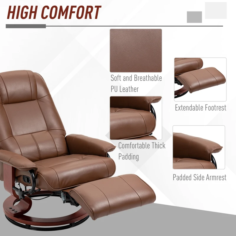 HOMCOM Faux Leather Manual Recliner, Adjustable Swivel Lounge Chair with Footrest, Armrest and Wrapped Wood Base for Living Room, Brown