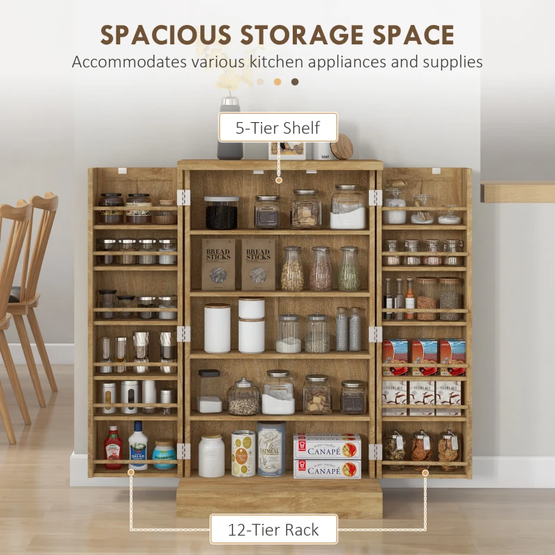 HOMCOM 41" Rattan Kitchen Storage Cabinet, Food Pantry Cabinet with 5-Tier Shelf, 12 Spice Racks, Adjustable Shelves, Natural