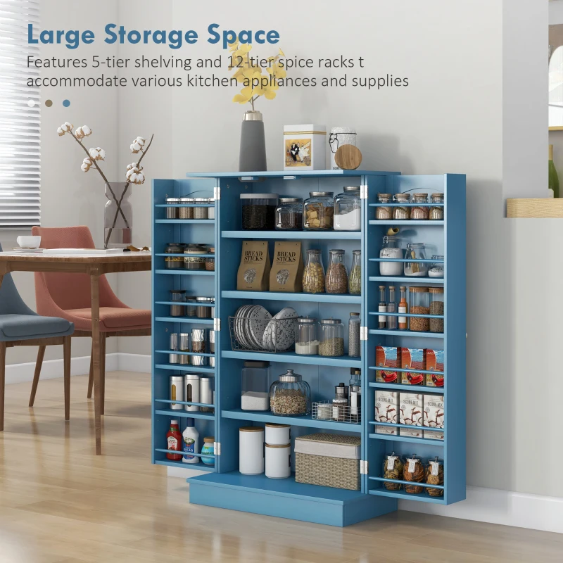HOMCOM Freestanding Kitchen Pantry Cabinet, Kitchen Cabinet with 12 Door Shelves, Double Doors, 5-tier Shelving, Blue