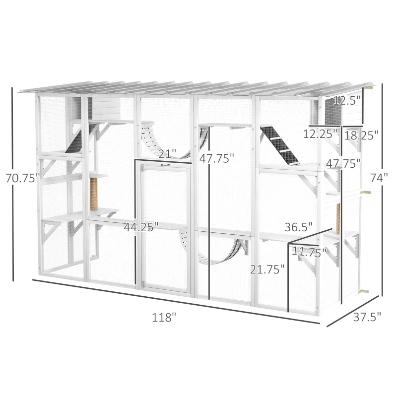 PawHut Catio Playground Cat Window Box Outside Enclosure for Multiple Cats w/ Shelves & Bridges, White