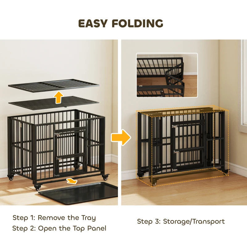 PawHut 43" Heavy Duty Dog Crate, Strong Steel Foldable Large Dog Crate with 4 Lockable Wheels, Double Doors, Openable Top and Removable Trays for Medium and Large Dogs, Black