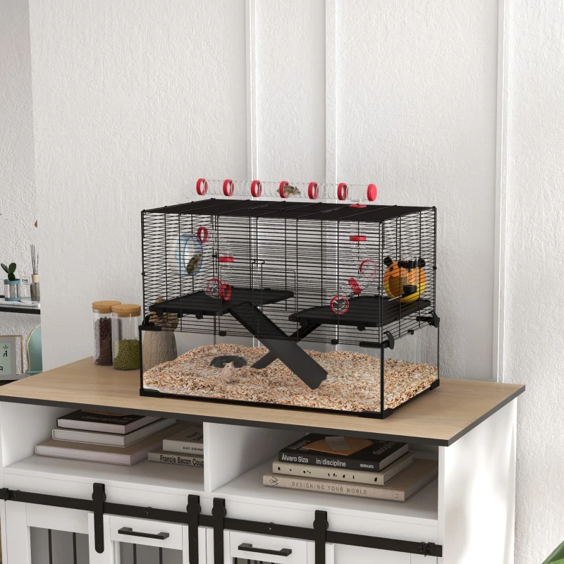 PawHut 31" Hamster Cage with Tube and Tunnel, Deep Glass Bottom