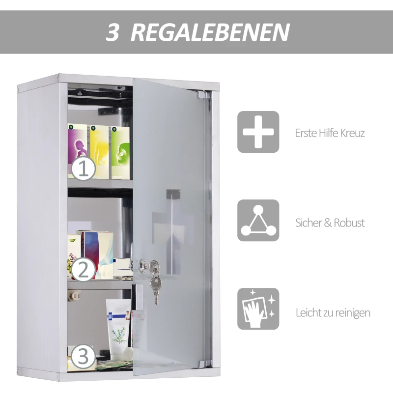 HOMCOM 12" x 20" Lockable Medicine Cabinet, 3 Tier Stainless Steel Medical Wall Box with 2 Keys and Shelves for Bathroom