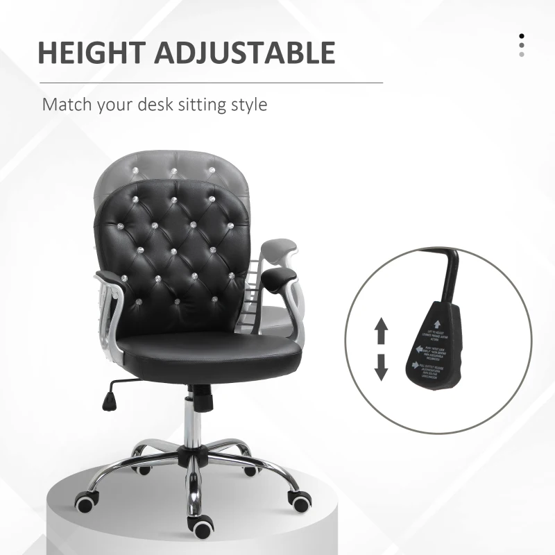 Vinsetto PU Leather Home Office Chair, Button Tufted Desk Chair with Padded Armrests, Adjustable Height and Swivel Wheels, Black