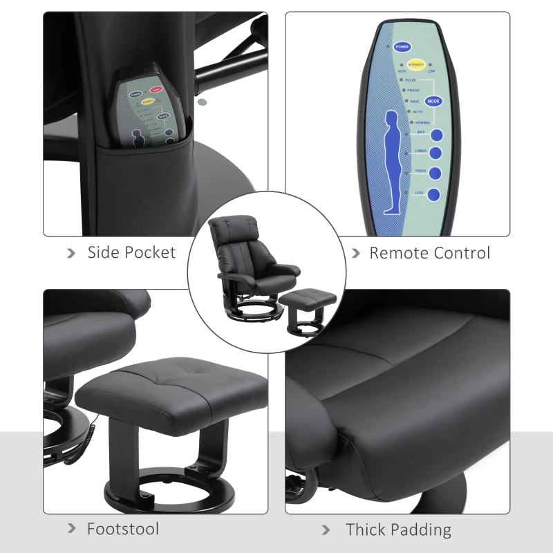 HOMCOM Massage Recliner Chair with Ottoman, 360° Swivel Recliner and Footstool, 10 Point Vibration, PU Leather Reclining Chair with Side Pocket and Remote Control, Black